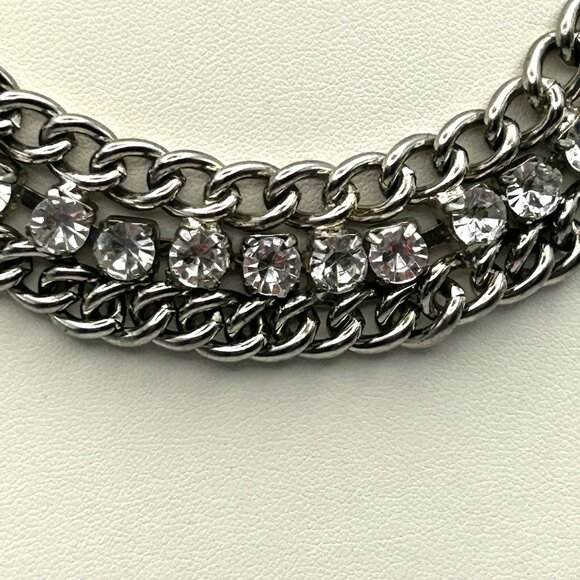 Cookie Lee Silver Tone Double Row Rhinestone Statement Adjustable Necklace - Picture 8 of 10